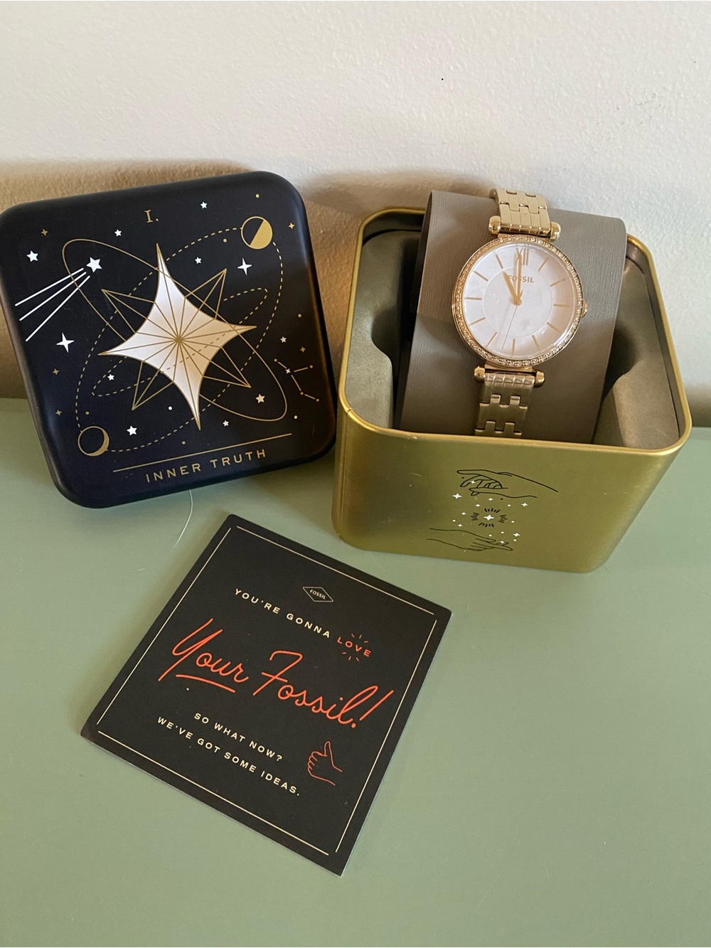 NWT NIB Fossil Inner Truth goldtone women’s watch rhinestone bezel
